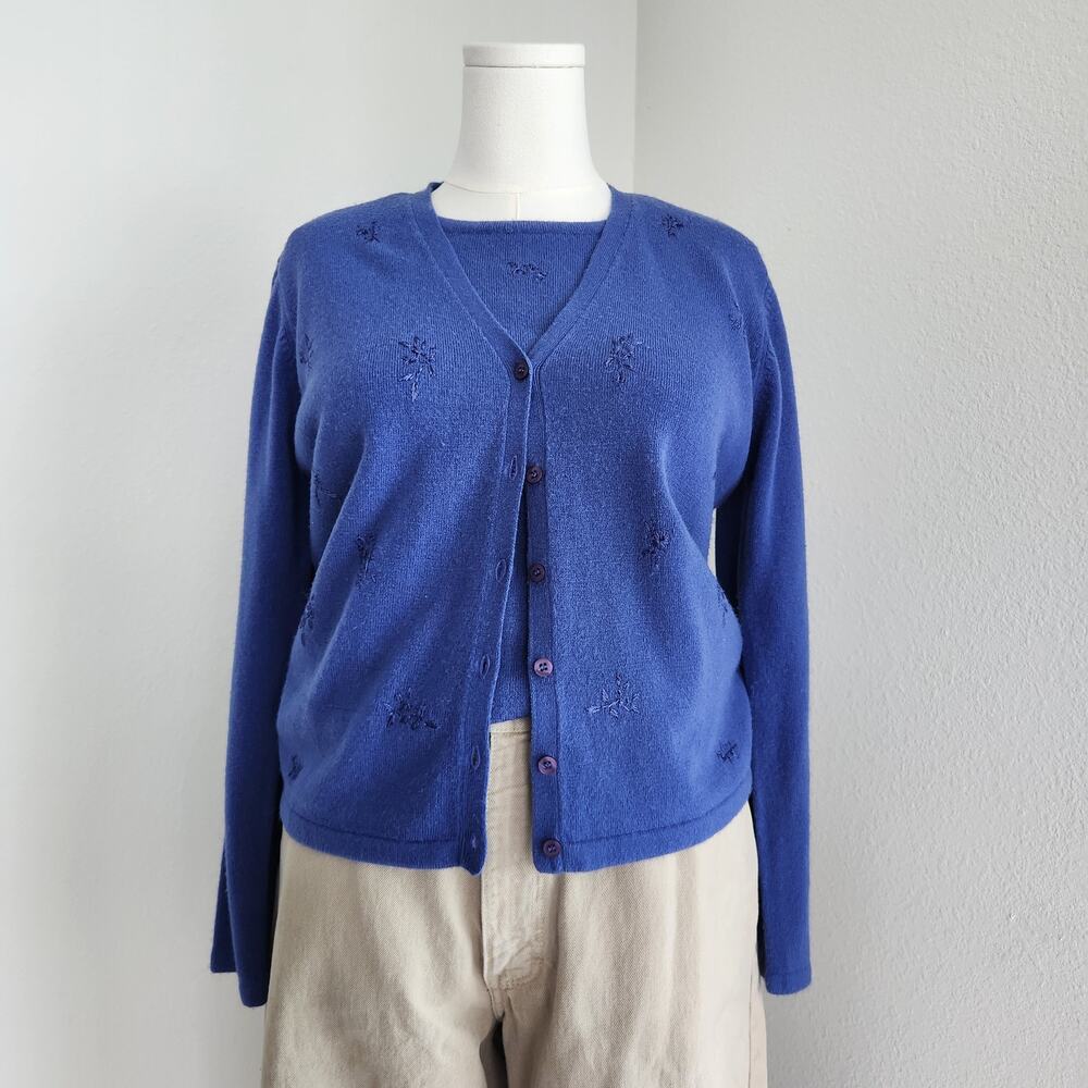 Vintage 90s Liz Claiborne Villager Blue Floral Knit Cardigan Sweater Twinset M
